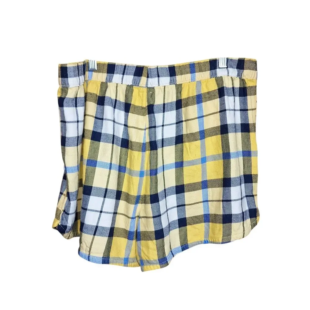 Aerie NEW Plaid women's pajama set yellow blue shorts long sleeve top XL sleep